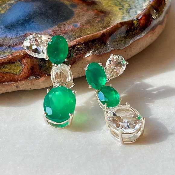 Sterling Silver Green Onyx and Topaz Asymmetrical Stud Dangle Earrings - Picture 2 of 2